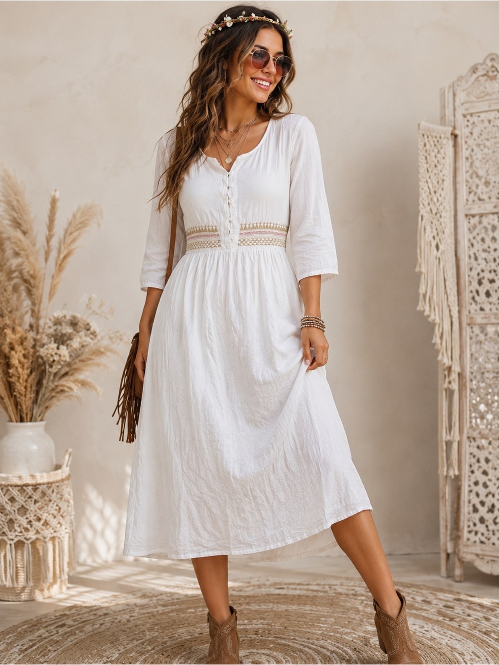 Women’s White Boho Peasant Midi Dress L Embroidered Empire Waist Cottagecore